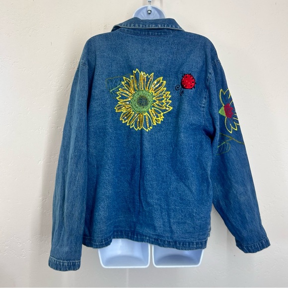 Vintage 90s Embroidered Sunflower Ladybug Denim Jacket Size L Blue Cottagecore - Picture 6 of 13